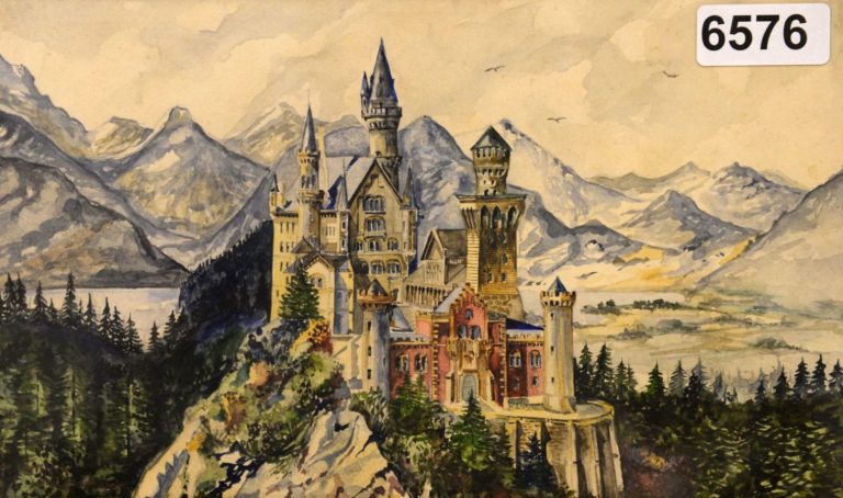 Hitler art: Hitler paintings: A 1914 watercolor signed by Adolf Hitler depicting Neuschwanstein Castle in Bavaria. Image courtesy of the New York Times.
