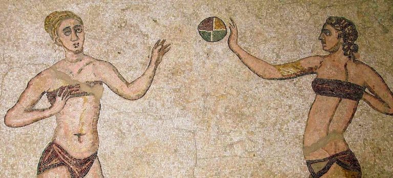 ancient bikini girls: Mosaic from the Villa Romana del Casale, 4th century CE, Sicily, Italy. DNA India. Detail.
