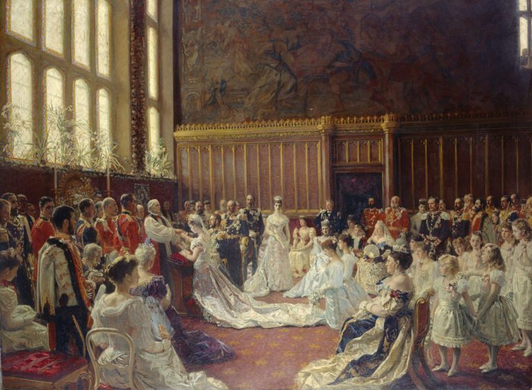 queen victoria weddings: Laurits Regner Tuxen, The Marriage of George, Duke of York, with Princess Mary of Teck, ca. 1894, Royal Collection Trust, London, UK.
