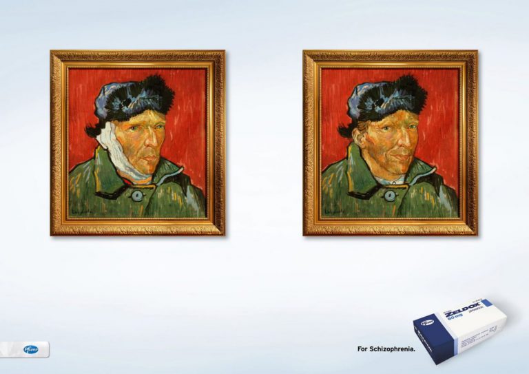 Art in advertising: Medicine advertisement inspired by Vincent van Gogh’s Self Portrait. TBWA/PHS Ad Agency in Helsinki, Finland. Zeldox: For Schizophrenia. Ads of the World.
