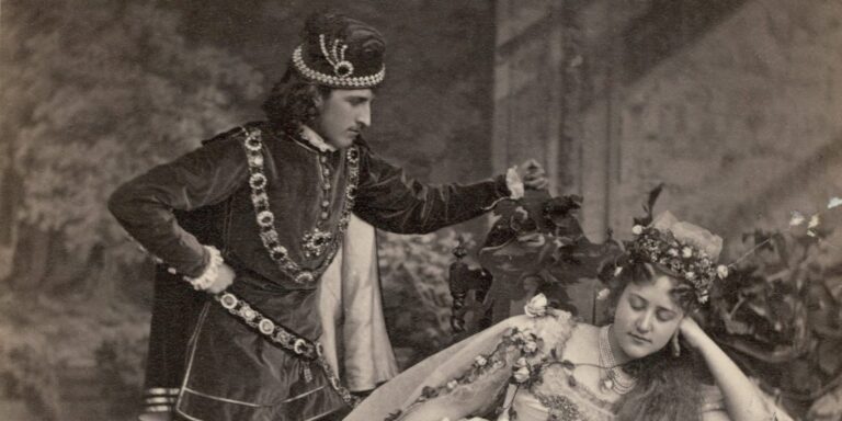 tableaux vivants: Tableau vivant: Roman Potocki as the Prince and Anna Almasy as the Princess in the scene from Sleeping Beauty, 1871, National Library of Poland. Polona. Detail.
