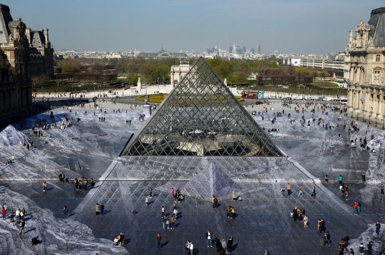 JR Louvre: JR, The Secret of the Great Pyramid, 2019, Louvre, Paris, France. W Magazine.

