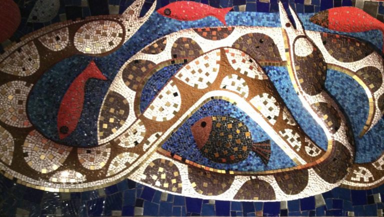 Jeanne Mount circus mosaics: Jeanne Mount, Snake Mosaic, 1969, Blackpool Tower, Blackpool, UK. Author’s photograph.
