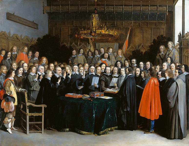 dutch golden age: Gerard ter Borch, The Swearing of the Oath of Ratification of the Treaty of Münster, 1648, The National Gallery, London, UK.
