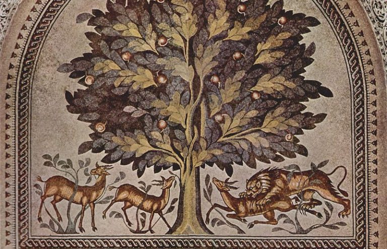islamic mosaics: The Tree of Life mosaic in the bath complex at Hisham’s Palace, Khirbat al-Mafjar, West Bank, Palestine. The Yorck Project (2002), Wikimedia Commons. Detail.
