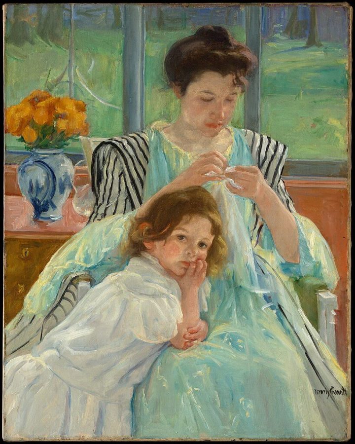 women artists postcards: Mary Cassatt, Young Mother Sewing, 1900, Metropolitan Museum of Art, New York City, NY, USA.
