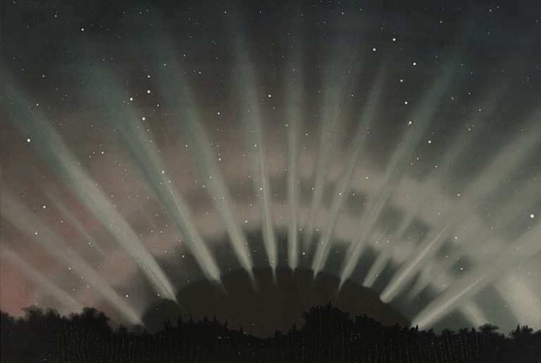 Trouvelot: Étienne Léopold Trouvelot, Aurora Borealis: As Observed on March 1st, 1872 at 9.25pm, chromolithograph print, Plate IV in The Trouvelot Astronomical Drawings: Atlas. The New York Public Library Digital Collections. Detail.
