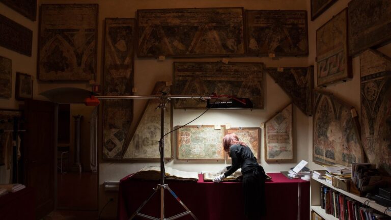 Advancing Women Artists Foundation: Foundation director Linda Falcone researches Plautilla Nelli’s manuscripts at San Marco Museum, Florence, Italy. Photo by Kirsten Hills.
