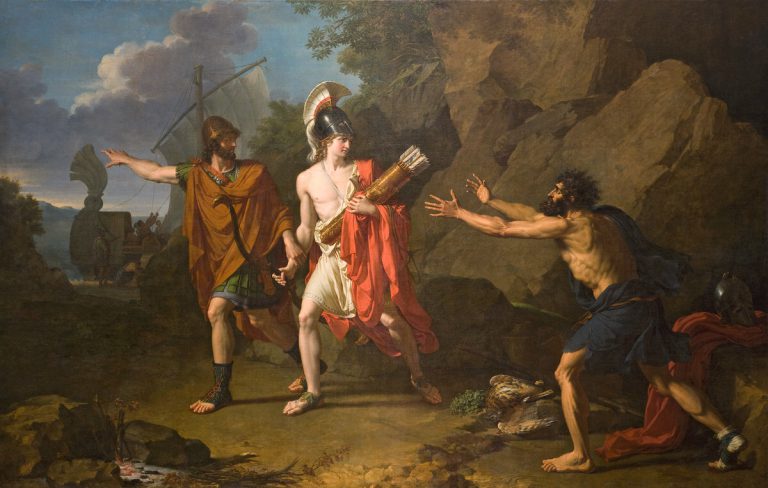 Philoctetes: François Xavier Fabre, Odysseus and Neoptolemus take Heracles’ bow and arrows from Philoctetes, 1800, Musée Fabre, Montpellier, France.

