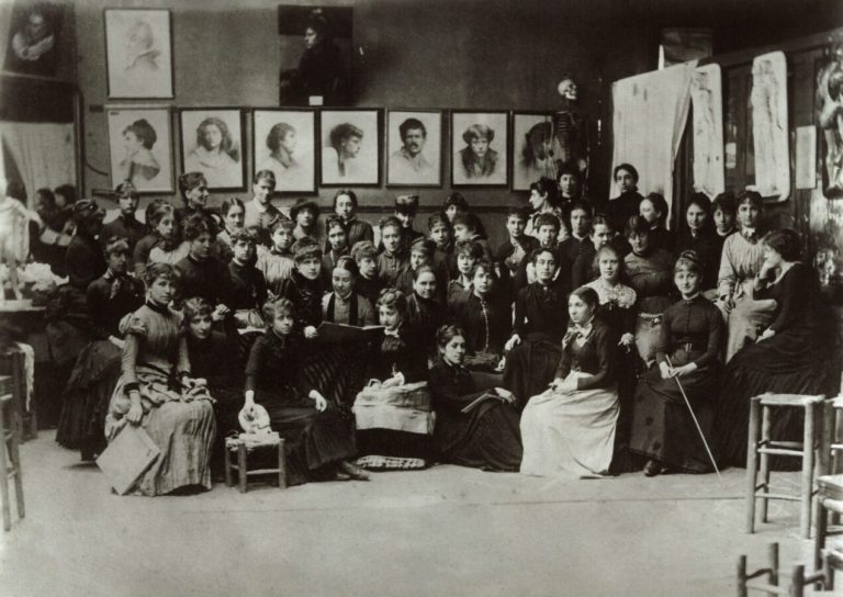 art academies: Students at the Académie Julian in Paris, c. 1885. Library of Congress.
