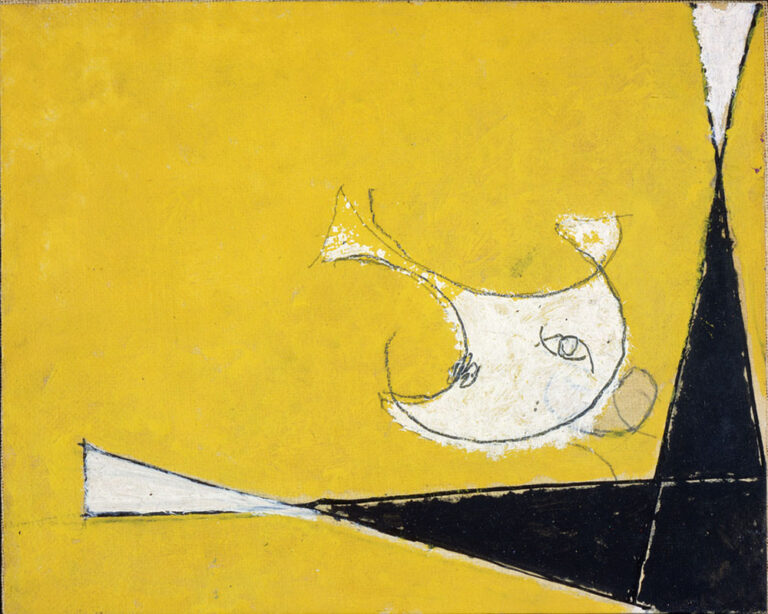 osvaldo licini's sheer folly: Osvaldo Licini, Amalassunta con trombetta su fondo giallo, 1949, Museum of Modern and Contemporary Art of Rovigo and Rovereto
