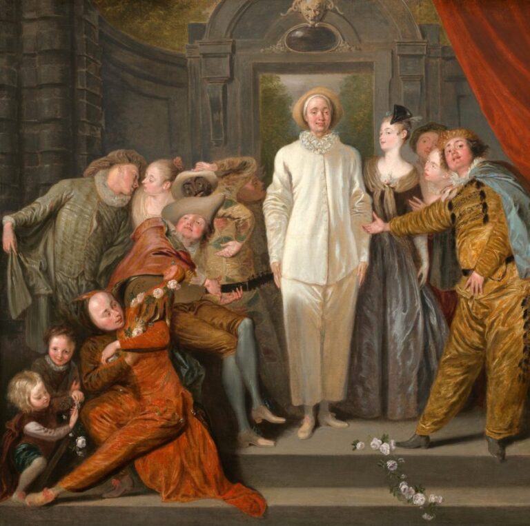 Commedia dell'arte characters: Antoine Watteau, The Italian Comedians, c. 1720, National Gallery of Art, Washington, DC, USA. Detail.
