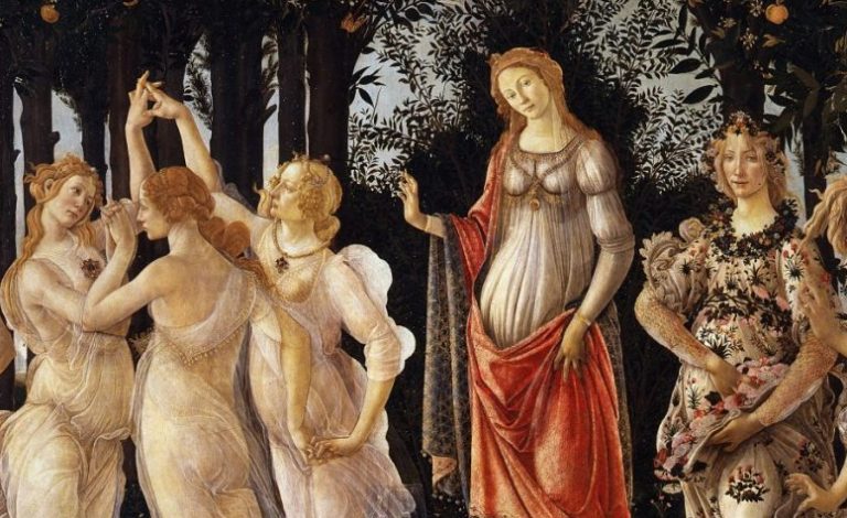 La Primavera Botticelli: Sandro Botticelli, La Primavera, 1470-1482, Uffizi Gallery, Florence, Italy. Detail.
