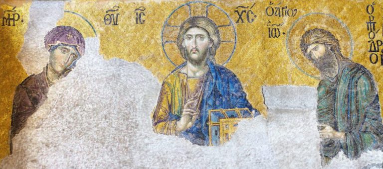 Pantocrator Christ depictions: Deesis Mosaic, 13th century, Hagia Sophia, Istanbul, Turkey, source: hagiasophiaturkey.com.
