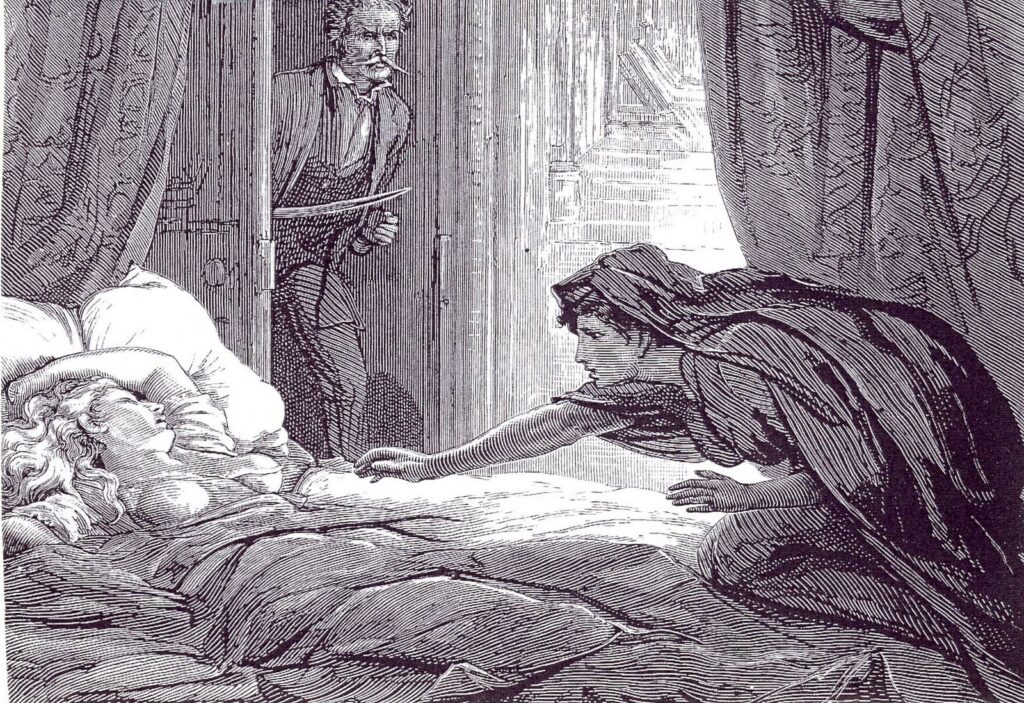 vampire paintings: Carmilla, 1872, book illustration. Wikimedia Commons (public domain).
