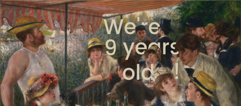 dailyart birthday: Happy Birthday, DailyArt app! Graphic based on Pierre-Auguste Renoir, Luncheon of the Boating Party, 1881, The Phillips Collection, Washington, DC, USA. Detail.
