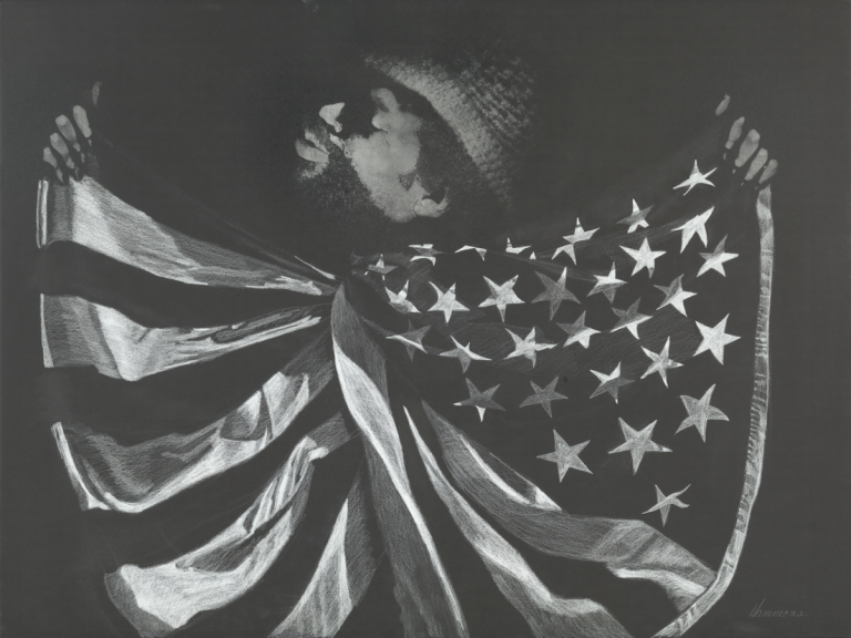 David Hammons: David Hammons, Untitled (Man with Flag), undated, grease, pigment, and white crayon on paper, Glenstone Museum, Potomac, Maryland Photograph by Alex Jamison, courtesy of Munchin Gallery.
