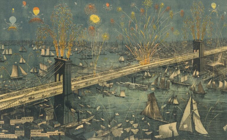 new dailyart magazine: Bird’s-Eye View of the Great New York and Brooklyn Bridge, and Grand Display of Fireworks on Opening Night… May 24, 1883, The Metropolitan Museum of Art, New York, NY, USA. Detail.
