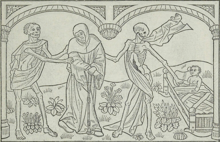 danse macabre|danse macabre: Franciscan Monk and a Child, woodcut from Danse Macabre series, provenience and location unknown. Wikipedia.
