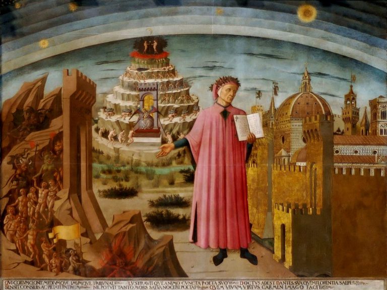Dante in art: Domenico di Michelino, La Divina Commedia illumina Firenze, 1465, Cathedral of Santa Maria del Fiore, Florence, Italy.
