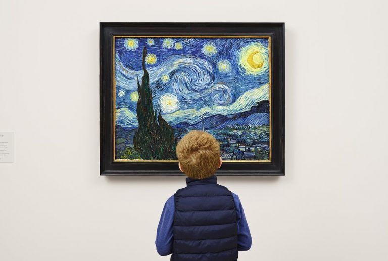 Mental health art: Child looking at Van Gogh’s Starry Night, 1889, Museum of Modern Art, New York, NY, USA. Museum’s Twitter. Detail.
