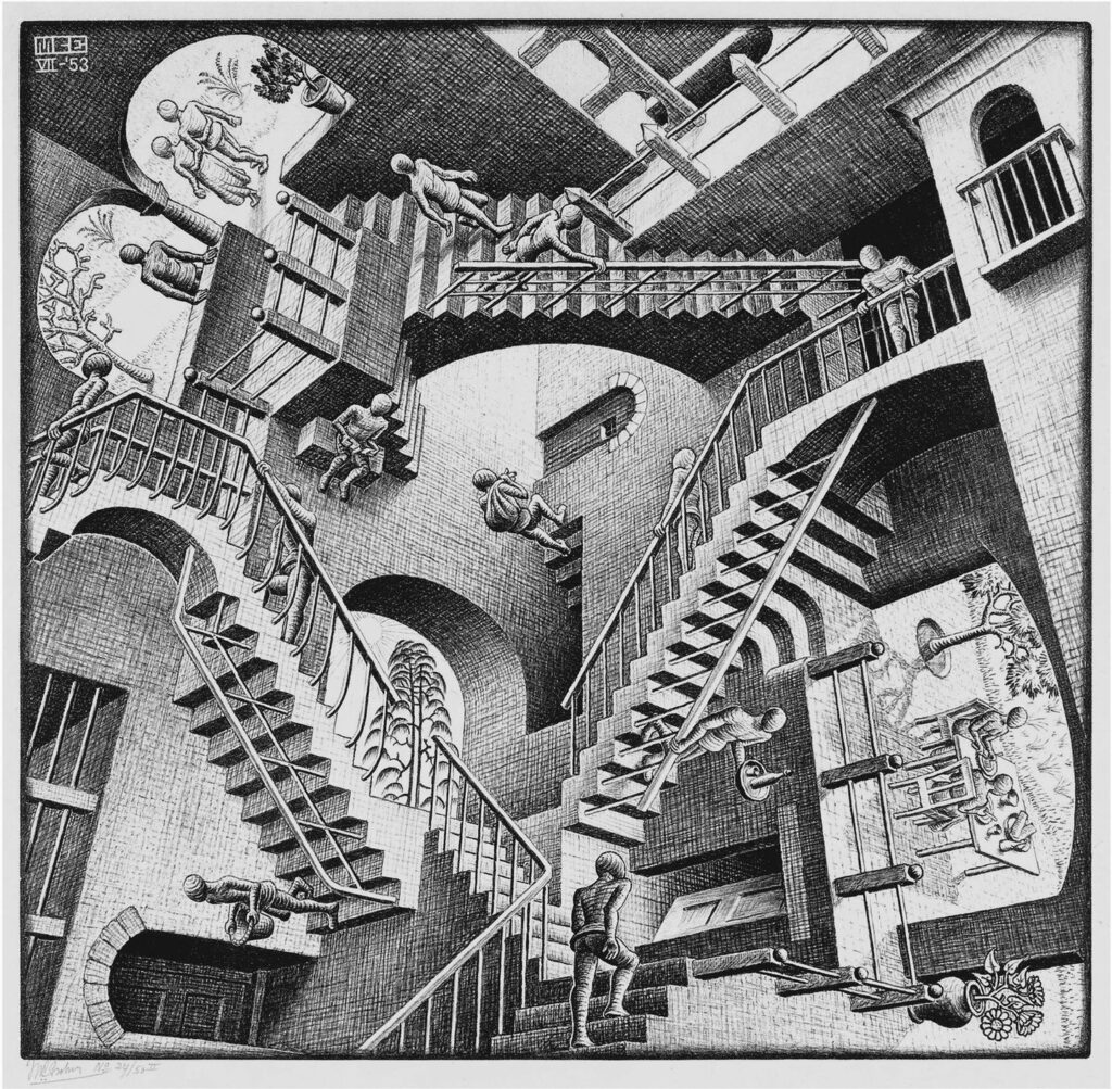 M.C. Escher, Relativity, 1953. The Boston Globe.