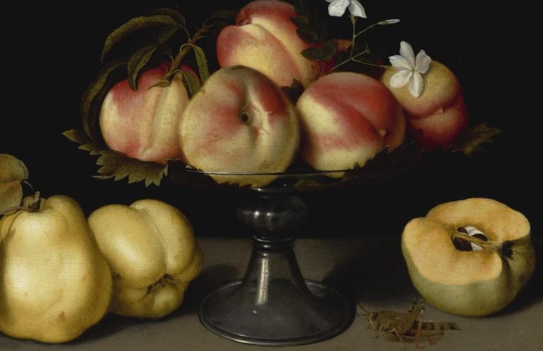 Fede Galizia still life: Fede Galizia, A Glass Compote with Peaches, Jasmine Flowers, Quinces and a Grasshopper, 1607, private collection. Sotheby’s. Detail.

