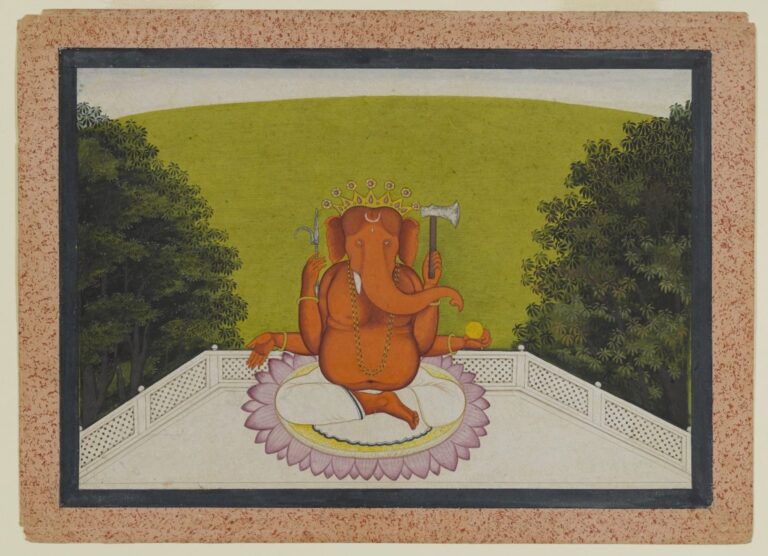 Iconography of Ganesh: Watercolor painting of Ganesha, ca. 1775-1800, Guler (India).  Source: Brooklyn Museum.
