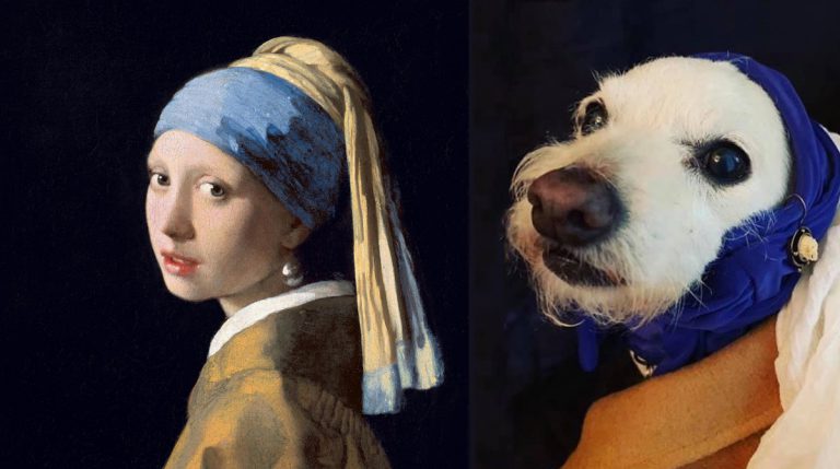 Homemade Masterpieces: Left: Johannes Vermeer, Girl with a Pearl Earring, c. 1665, Mauritshuis, The Hague, Netherlands. Right: recreation by Lacey Quinn, 2020, image courtesy of the artist.
