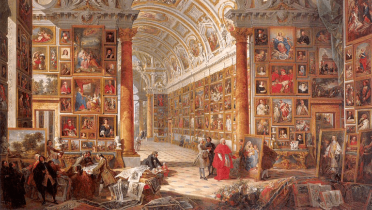 Giovanni Paolo Panini: Giovanni Paolo Panini, Interior of a Picture Gallery with the Collection of Cardinal Silvio Valenti Gonzaga, 1749. Wadsworth Athenaeum, Hartford, CT, USA. Detail.
