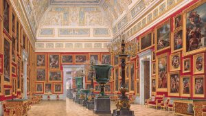 museums in art: Edward Petrovich Hau, Interiors of the New Hermitage, the Room of Italian Art, 1853, State Hermitage Museum, St. Petersburg, Russia. Detail.
