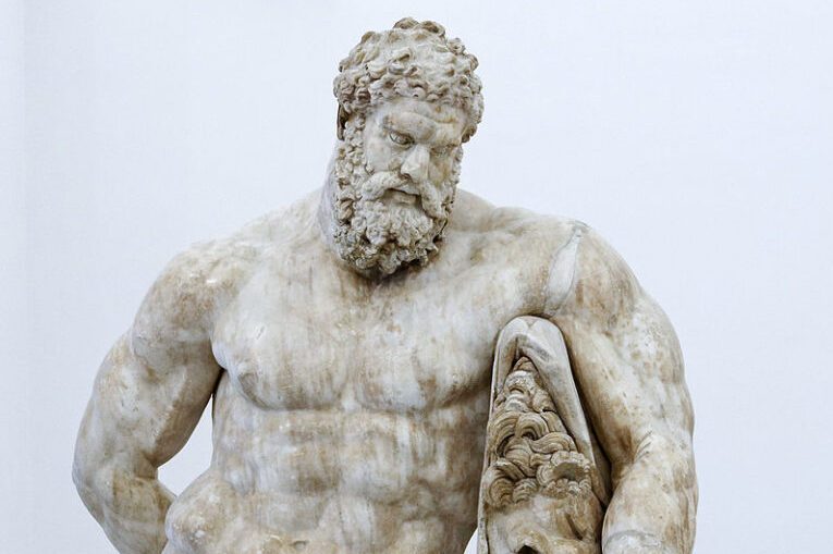 Hercules sculptures: The Farnese Hercules, c. 216 CE, Museo Archeologico Nazionale, Naples, Italy. Detail.
