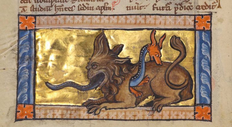 medieval bestiary: A Crocodile and a Hydrus, c. 1270, The Bestiary, The J. Paul Getty Museum, Los Angeles, CA, USA. Detail.
