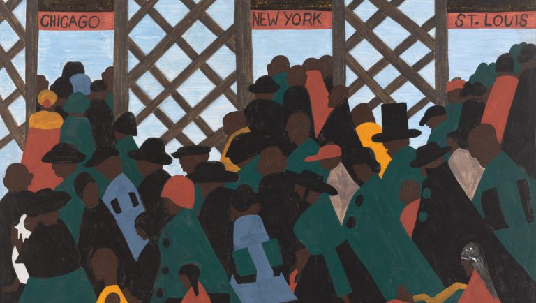 jacob lawrence: Jacob Lawrence, The Migration Series, Panel no. 1: During World War I there was a great migration north by southern African Americans, 1940–1941, The Philips Collection, Washington, DC, USA. Detail.
