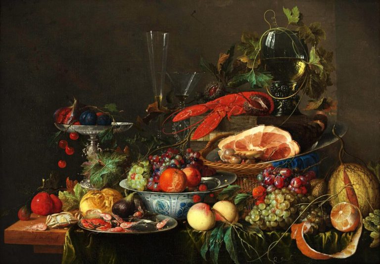 summer meal art: Jan Davidsz. de Heem, Still life with ham, lobster and fruit, ca. 1652, Museum Boijmans Van Beuningen, Rotterdam, Netherlands.
