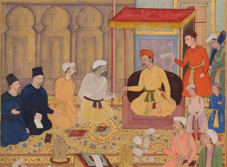 Mughal Empire: Nar Singh, Jesuits at Akbar’s Court, circa 1605, detail. Wikimedia Commons.
