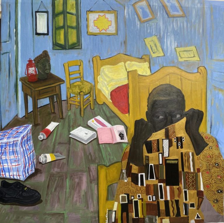 Tchotchke gallery: John Madu, John in the bedroom in Arles, 2020. Acrylic paint and ink on canvas, 47 3⁄4 x 47 3⁄4 inches. Tchotchke Gallery.
