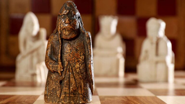 Lewis Chessmen: The recently-discovered Lewis Chessman. c. 1150-1200 CE, walrus ivory and whale teeth, Scandinavian. Photo (c) Sotheby’s

