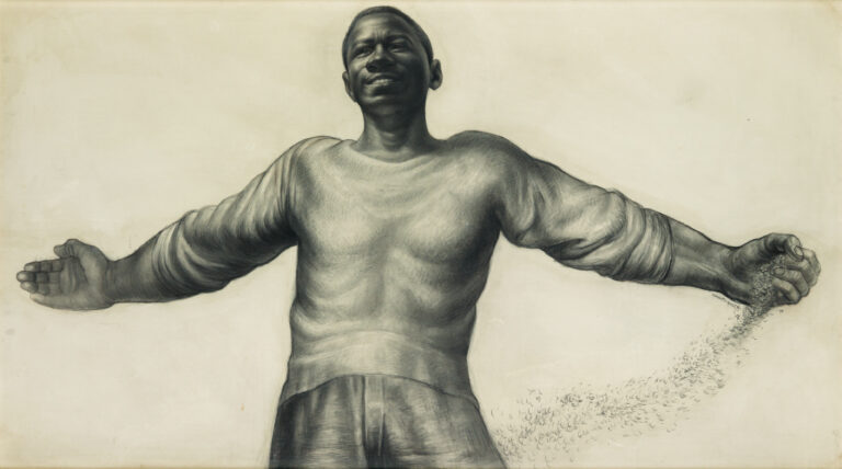 Charles White Retrospective: Charles White, O Freedom, 1956, charcoal, white crayon, erasing, stumping and wash on board, Courtesy Rennie Collection, Vancouver
