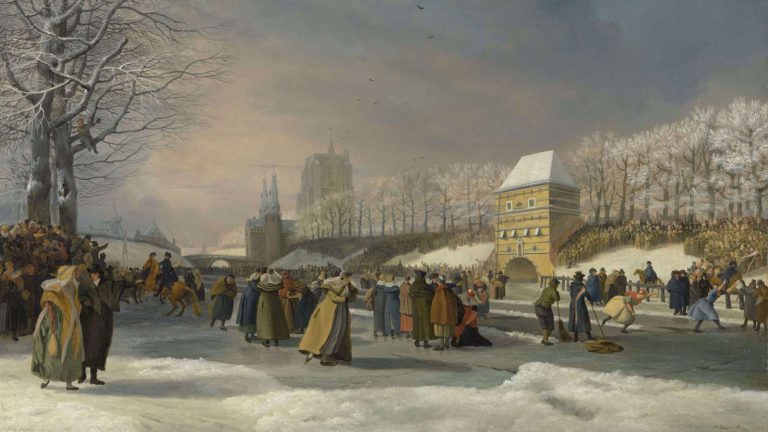 Ice Skating Artwork: Nicolaas Baur, Women’s Skating Competition on the Stadsgracht in Leeuwarden, 21 January 1809, 1809, Rijksmuseum, Amsterdam, Netherlands. Detail.
