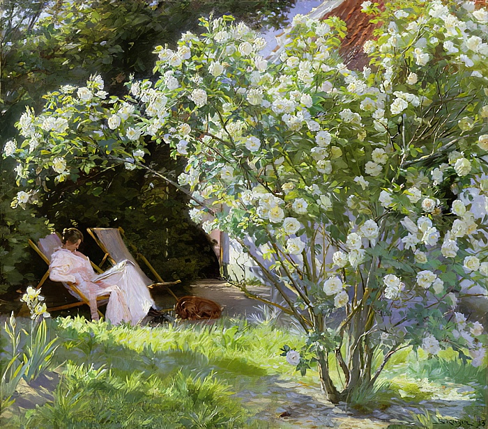 Most Beautiful Gardens in Art: Peder Severin Krøyer, Roses or The Artists Wife in the Garden, 1883, Skagens Museum, Skagen, Denmark.

