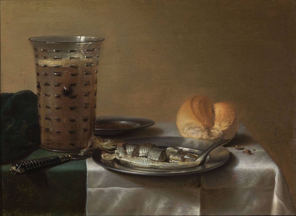dutch golden age: Pieter Claesz, Still life with a glass of beer and smoked herring on a plate, 1636