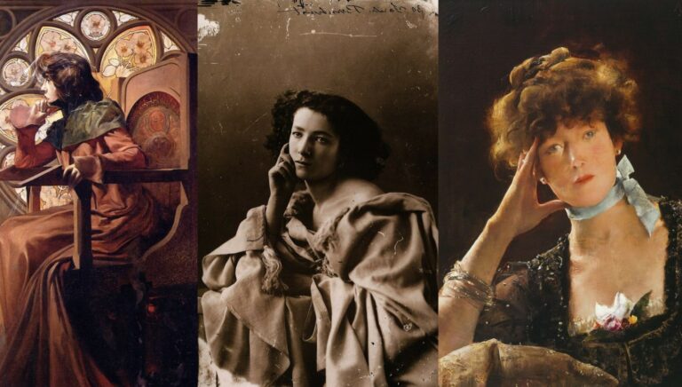 Sarah Bernhardt: Portraits of Sarah Bernhard by: (from the left) Alphonse Mucha (date unknown), Félix Nadar (1864) and Alfred Stevens (1808).
