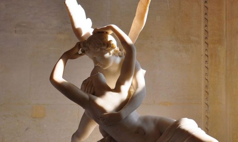 Psyche Revived by Cupid's Kiss: Antonio Canova, Psyche Revived by Cupid’s Kiss, 1787-1793, Louvre, Paris, France. Photo by Kimberly Vardeman via Wikipedia Commons (CC BY 2.0). Detail.

