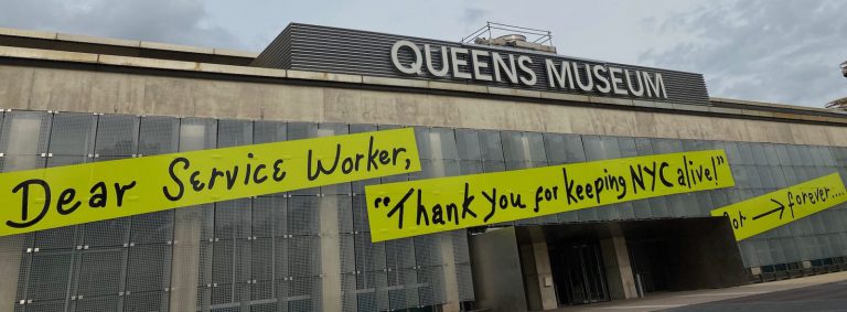 Museums pandemic: Dear Service Worker, Thank You For Keeping NYC Alive, banner on the facade of Queens Museum, Flushing Meadows–Corona Park, USA.
