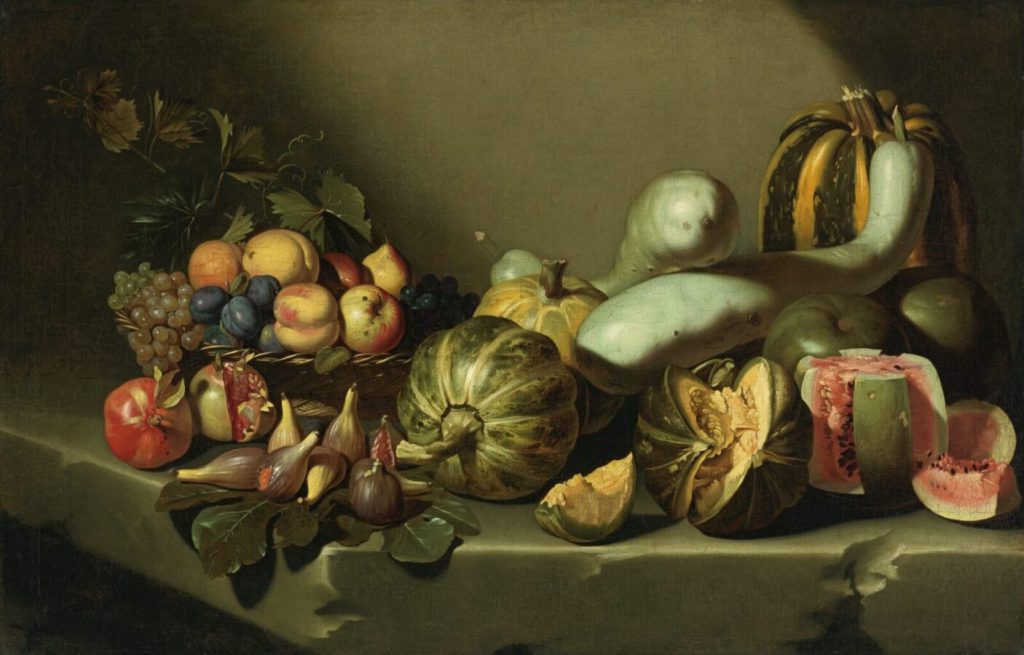 Autumn paintings: Roman School, Still Life with Fruit on a Stone Ledge, c. 1605-1610, private collection, on loan to Denver Art Museum, Denver, CO, USA. Wikimedia Commons (public domain).
