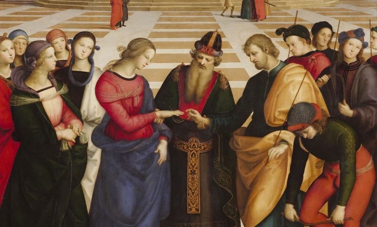 Marriage of the Virgin: Raphael, The Marriage of the Virgin, 1504, Pinacoteca di Brera, Milan, Italy. Detail.
