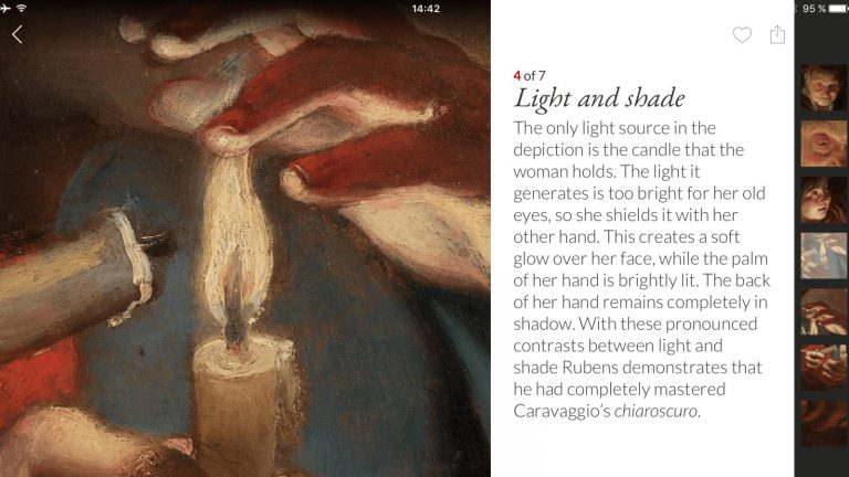 Virtual Mauritshuis: A detail of Rubens’s Old Woman and Boy with Candles on Mauritshuis Second Canvas, iPad version. Image courtesy of Mauritshuis, The Hague, Netherlands.
