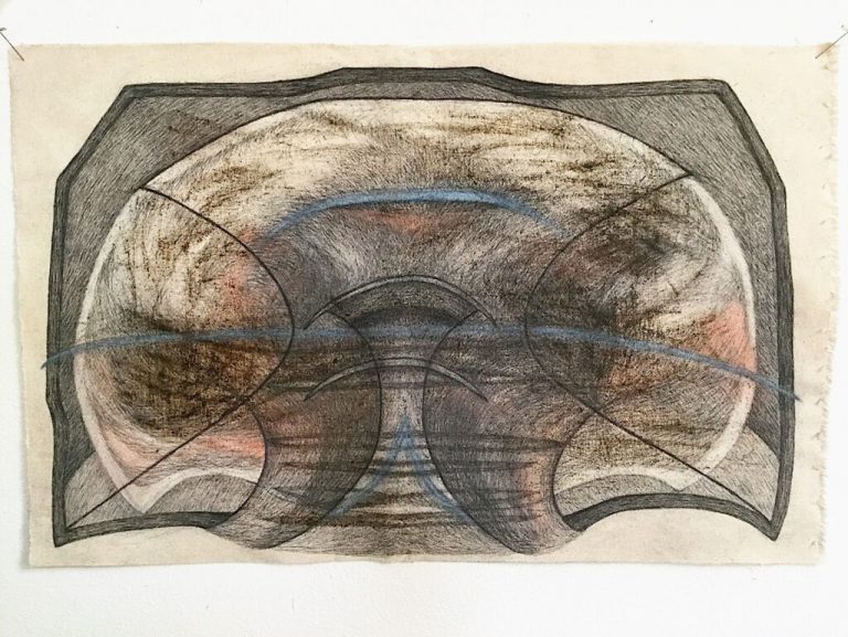 Sara Osebold: Sara Osebold, History Swills in the Cupped Shell, 2018, graphite, clay and asphalt oil on canvas, 16.75 x 26.5 in. Image courtesy of the artist.
