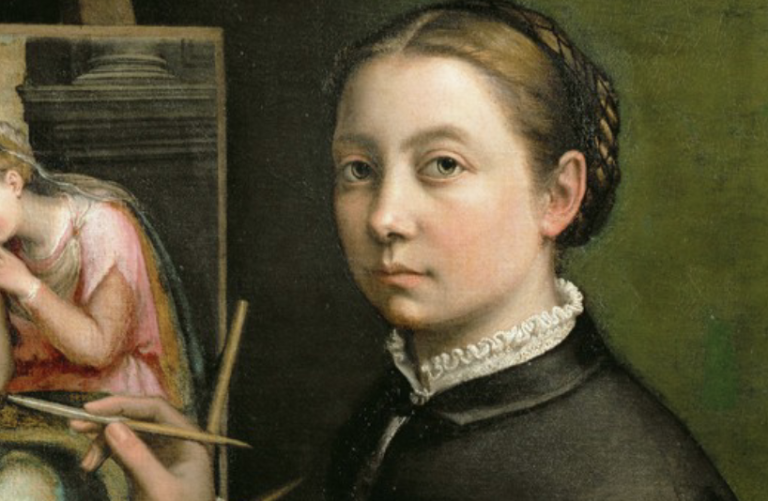 Sofonisba Anguissola: Sofonisba Anguissola, Self-Portrait Painting the Madonna, 1556, Lancut Museum, Poland. ArtStor digital library. Detail.
